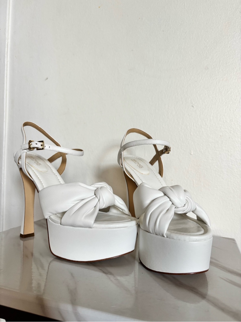 Michael Kors White Knotted Platform Sandals with Ankle Strap
